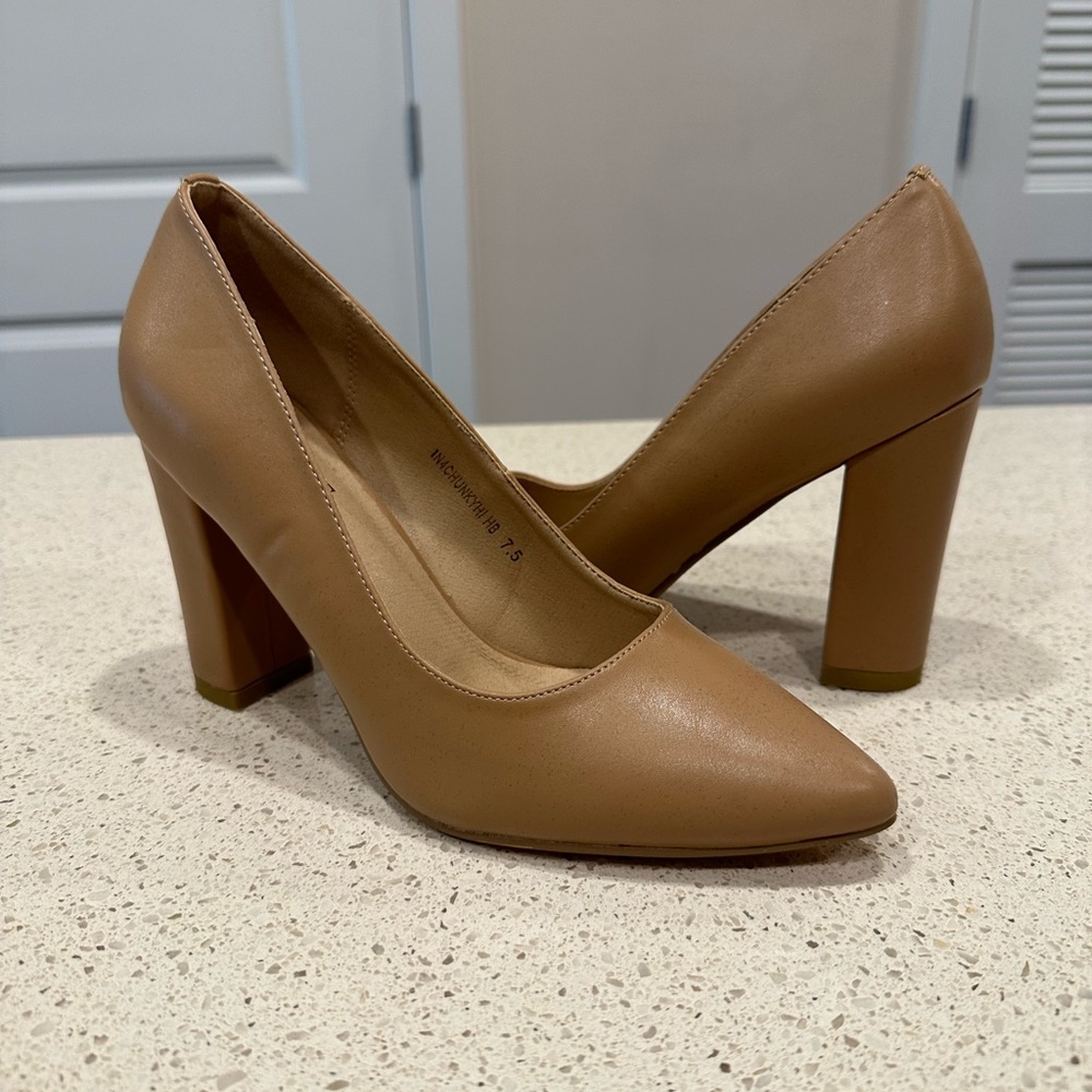 IDIFU, Chunky Block High Heels, Pointed Toe Pumps, Tan/Nude